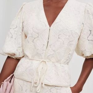 Maje White Plunge Puff Sleeve Blouse